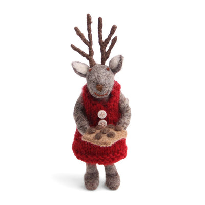 Felt Grey Deer Ornament holding a Baking Tray