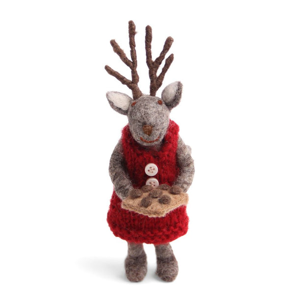 Felt Grey Deer Ornament holding a Baking Tray