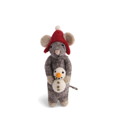 Felt Grey Mouse Ornament holding a Snowman