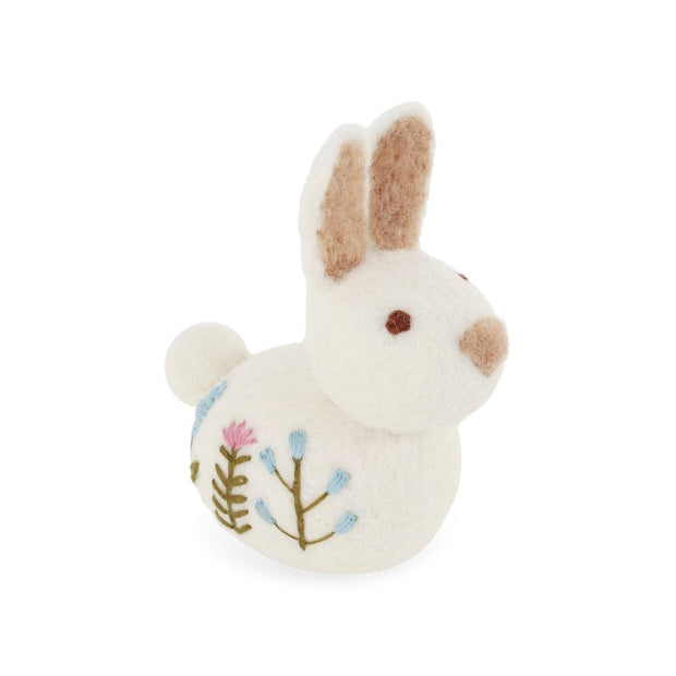 Felt Sitting Bunny with Flower Embroidery Ornament - white
