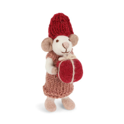 Felt White Mouse Ornament wearing a cozy knit dress and cap holding a Present
