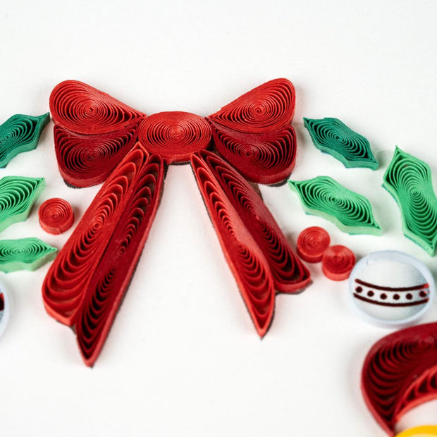 Quilled Holiday Wreath with Ornaments Greeting Card closeup detail