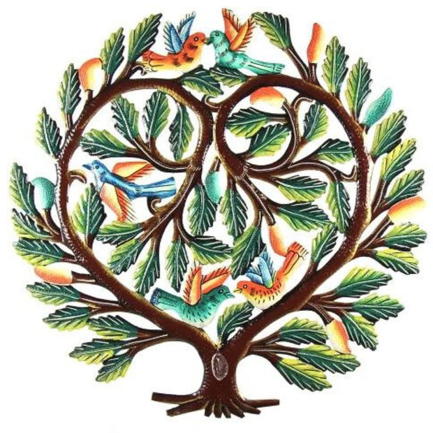 24-inch hand-painted Tree of Life wall hanging art handmade from recycled steel oil drums in Haiti