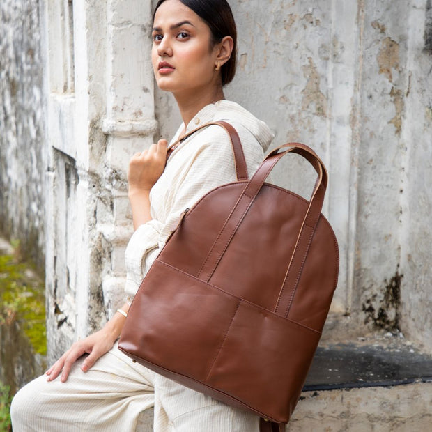Half-moon Brown Leather Backpack on model