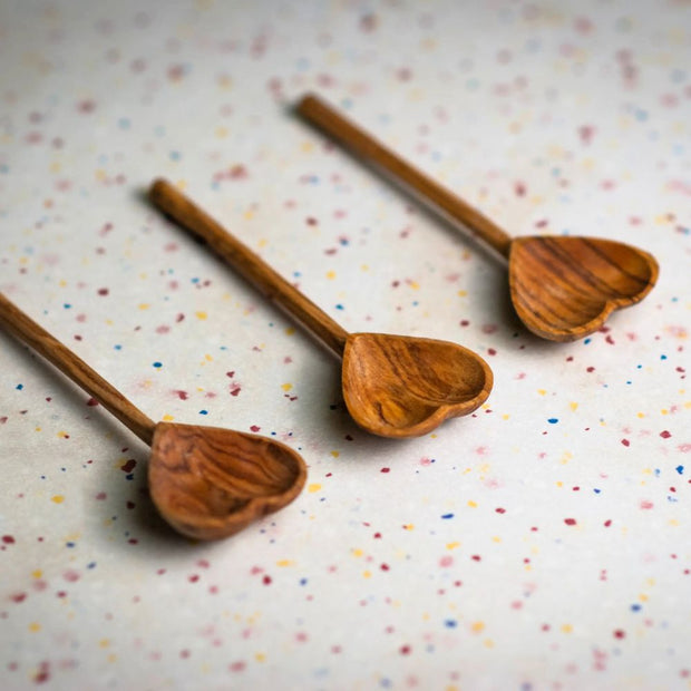 Hand-carved Olive Wood Heart Tea Spoon three different option to show wood grain