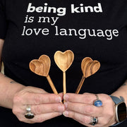 Hand-carved Olive Wood Heart Tea Spoon model holding 3 