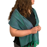 Handwoven Viscose Iridescent Scarf - Green and Purple on model