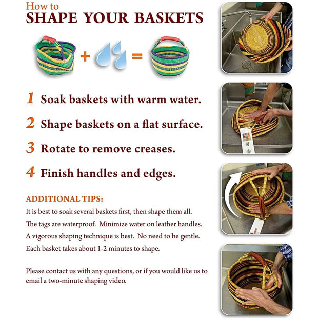 Step by Step instructions on how to shape Bolga Market Baskets with water
