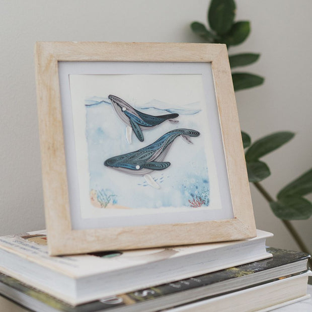 Bimala White Rub Square Frame for 6"x6" quilling cards lifestyle showing a Whales Quilled Greeting Card