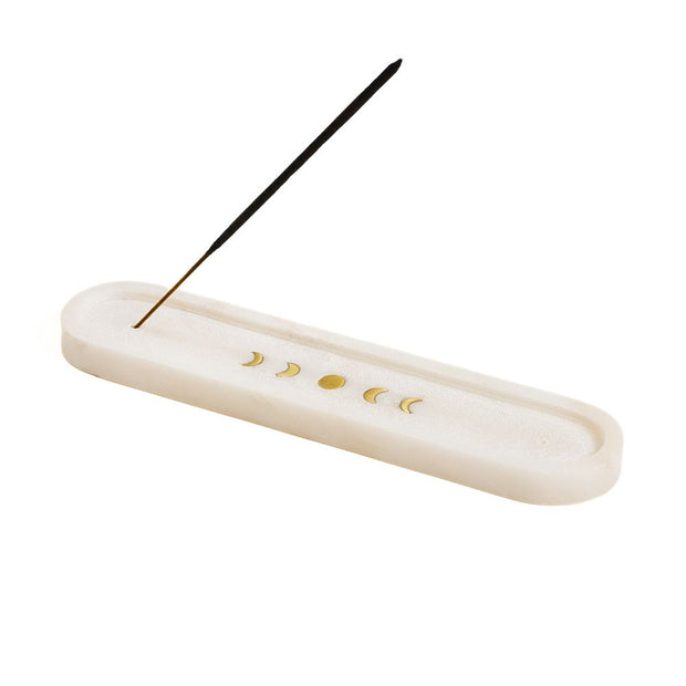 Indukala Moon Phases White Marble Double Incense Holder shown with one incense stick