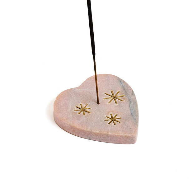Jaipuri Pink Marble Heart Incense Holder shown with an incense stick