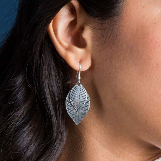 Sanctuary Silver Double Leaf Drop Earrings on model