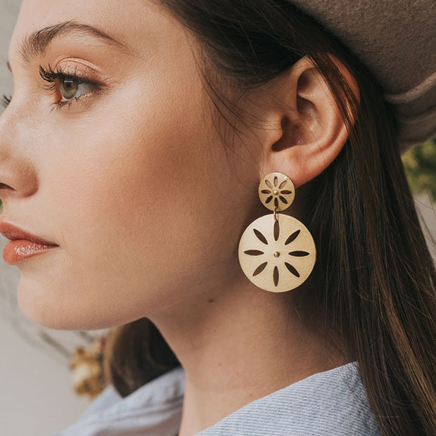Chameli Petal Gold Post Earrings on model