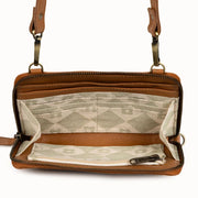 JOYN Crossbody Wallet in Camel Pebbled Leather showing interior detail