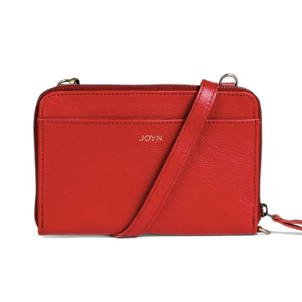 Crossbody Wallet in Tomato Red Leather with strap front view