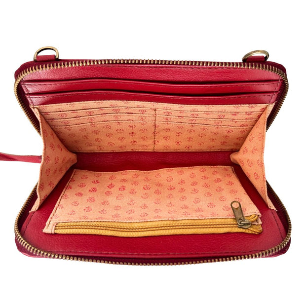Crossbody Wallet in Tomato Red Leather showing interior printed canvas lining