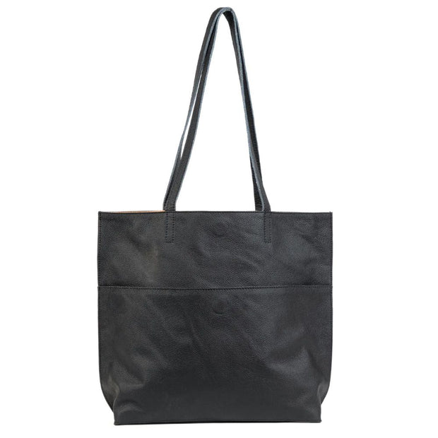 Everyday Tote in Black Leather back view showing open exterior pocket