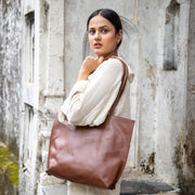 JOYN Everyday Tote in Brown Leather on model