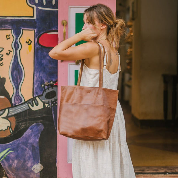 JOYN Everyday Tote in Vintage Brown Leather on model