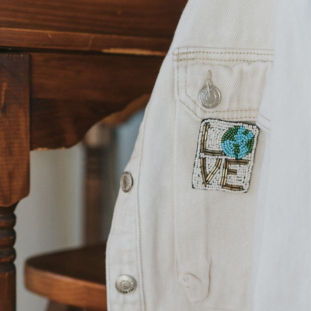 Beaded Brooch Pin - Love Mother Earth styled on jacket