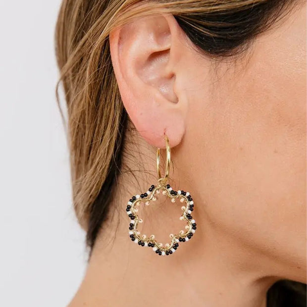 Jenna Black and White Beaded Dangle Earrings on model