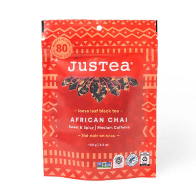 JusTea Loose Leaf Black Tea Pouch - African Chai 3.5oz 100g front view