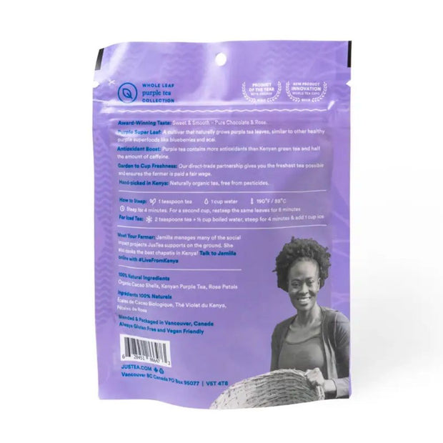 JusTea Loose Leaf Tea Pouch - Purple Chocolate 3.5oz 100g back view