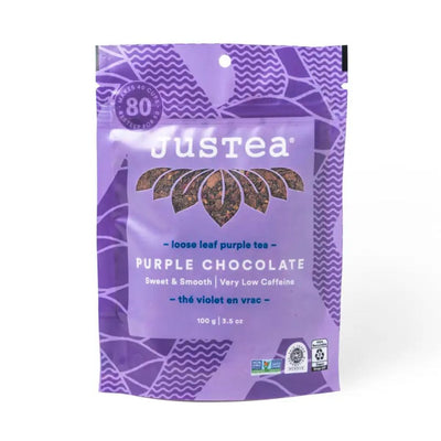 JusTea Loose Leaf Tea Pouch - Purple Chocolate 3.5oz 100g front view