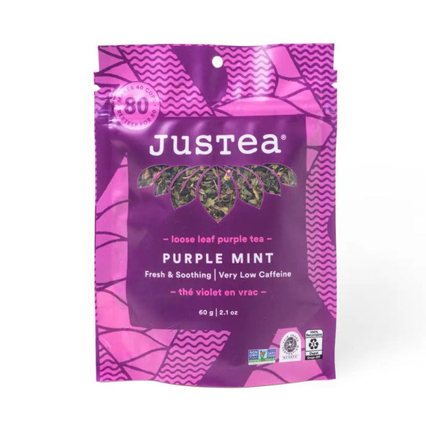 JusTea Loose Leaf Tea Pouch - Purple Mint 2.1oz 60g front view