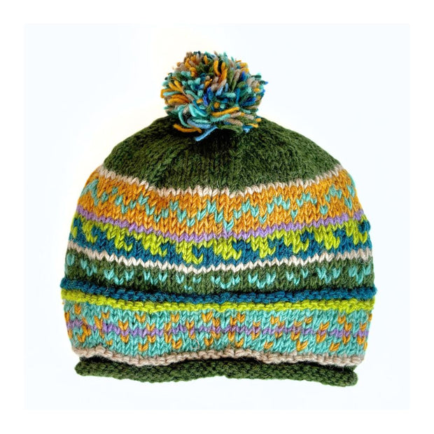 Handknit Wool Patterned Stocking Hat with lining - green