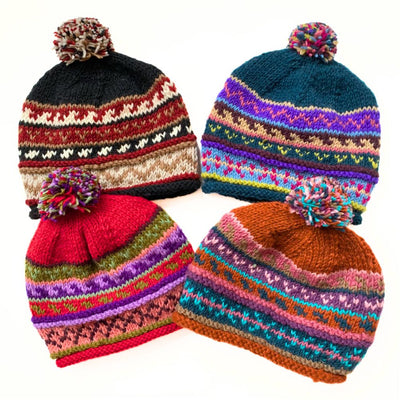 Handknit Wool Patterned Stocking Hats with lining showing 4 color combinations
