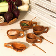 Multiple Reclaimed Olive Wood Small Pots and Spoons with salt and herbs lifestyle