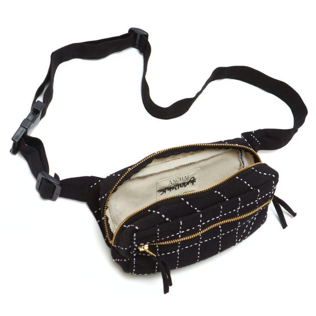 Kantha Crossbody Belt Bag - Charcoal open and showing adjustable strap