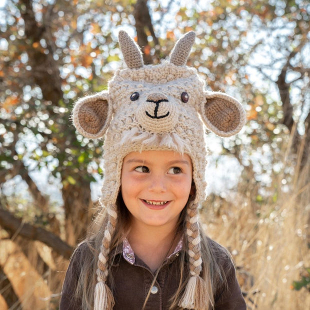 Kids Hand-knit Goat Winter Hat on girl model