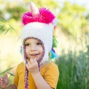 Kids Hand-knit Winter Hat - Bright Unicorn on little girl