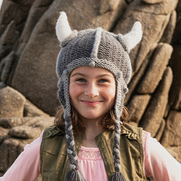 Kids Hand-knit Viking Hat on girl model