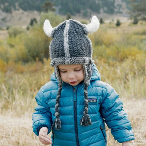 Kids Hand-knit Viking Hat on small boy model
