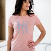 Ladies Short Sleeve Triblend Tee in Rose - RUN STL RUN on female model