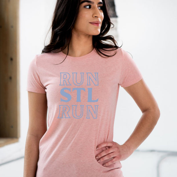 Ladies Short Sleeve Triblend Tee in Rose - RUN STL RUN on female model