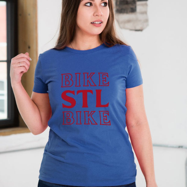 Ladies SS Premium Cotton Tee in Royal - BIKE STL BIKE on female model