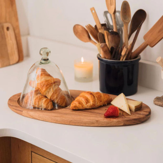 Glass Dome with Long Oval Cheese Board in use on kitchen counter
