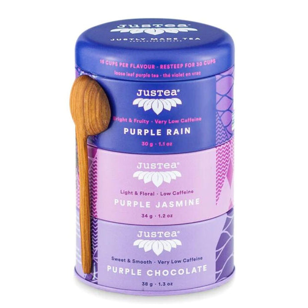 JusTea Loose Leaf Purple Tea Trio Gift Tin front