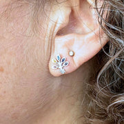 Sterling Silver Multicolor Tree of Life Stud Earrings on model