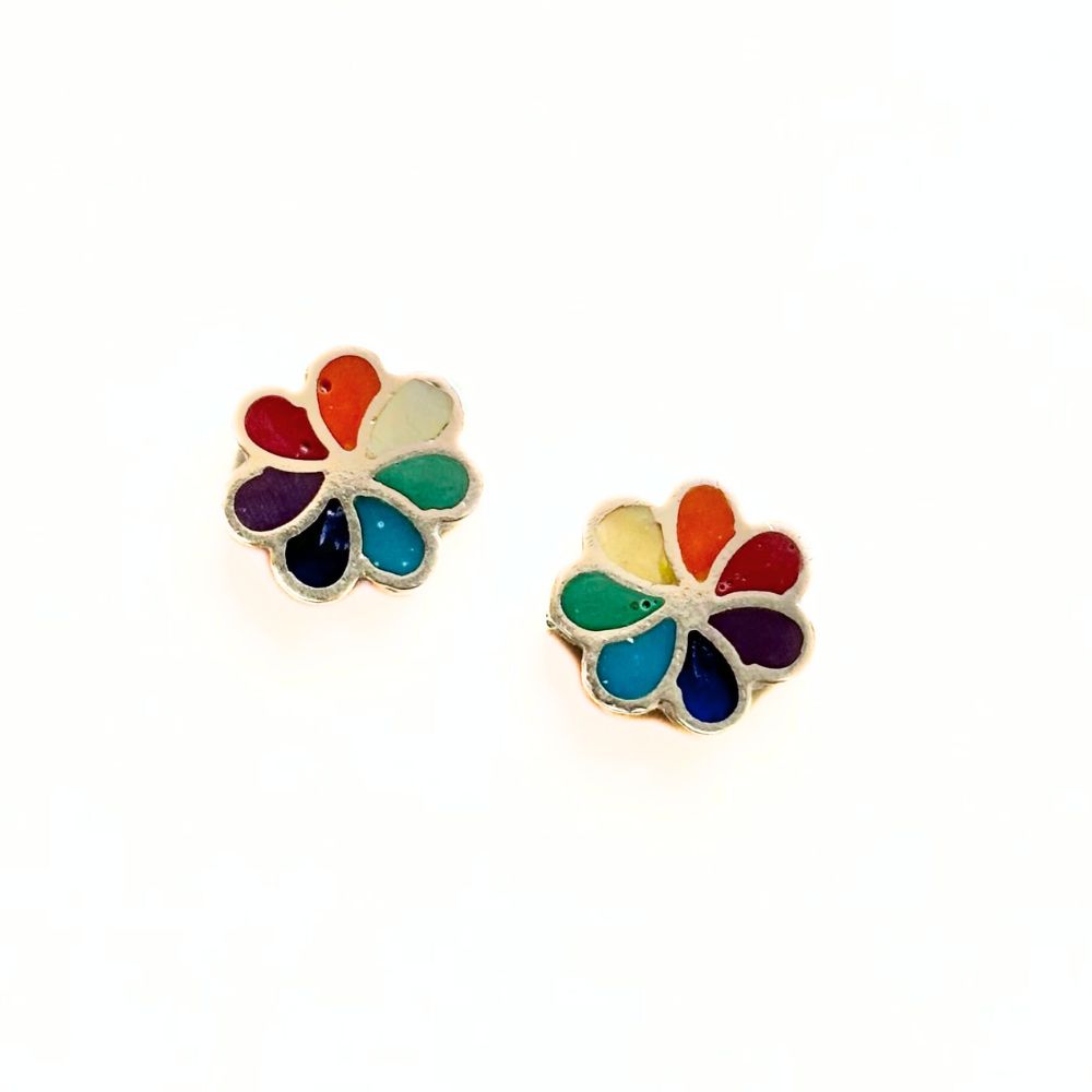 Rainbow Flower Post Stud Earrings Sterling Silver