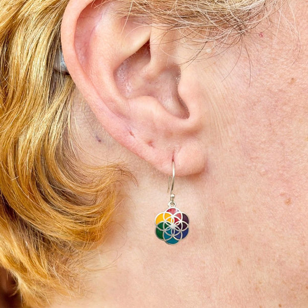 Sterling Silver and Stone Flower of Life Earrings on model