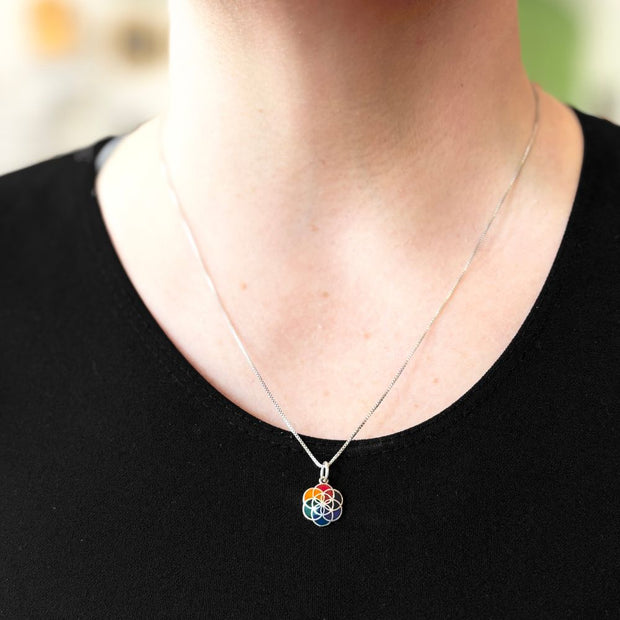 Sterling Silver and Stone Flower of Life Pendant Necklace on model