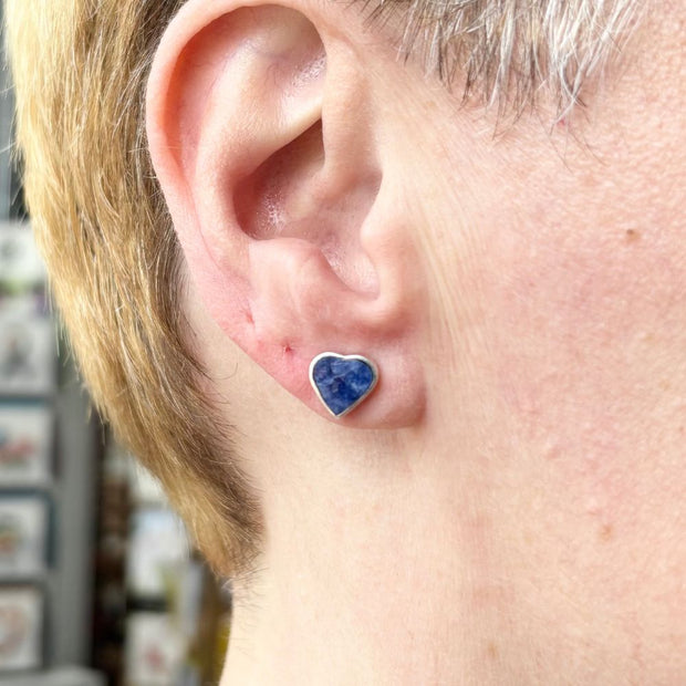 Sterling Silver and Lapis Lazuli Heart Stud Earrings on model