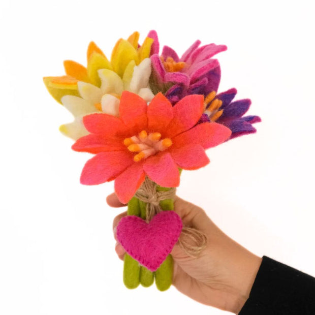 Maya Sweetheart Felt Flower Bouquet held by hand and showing token heart