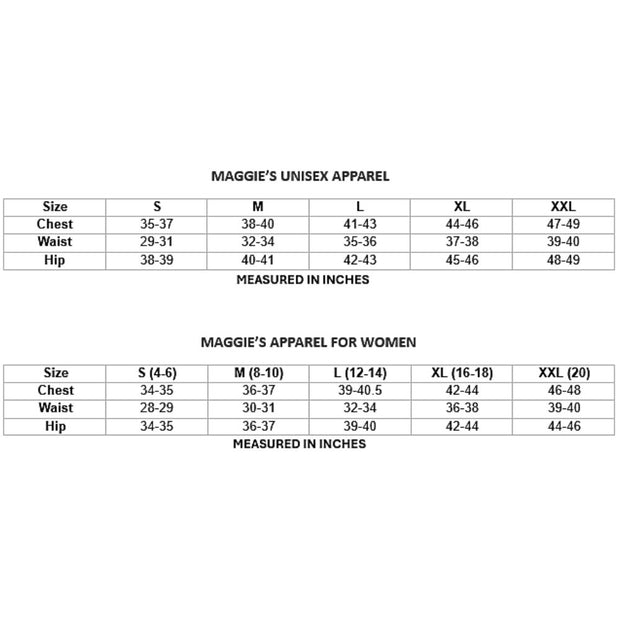 Maggie's Organics Unisex and Women's Apparel Size Chart