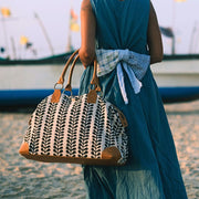 Block printed Malti Weekender Bag with Strap - Fern design on model